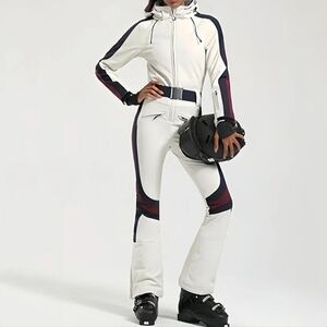 Gsou Snow Retro Stripe Flare Ski Suit belt snowboard womens medium